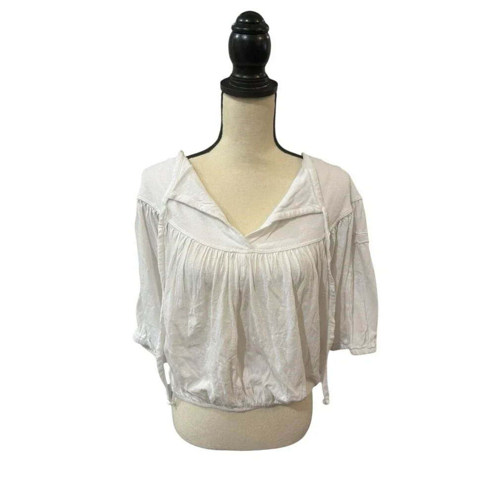 Free People No Good Alone Tee Top Optic White Puff Sleeve V-Neck Size L NWT